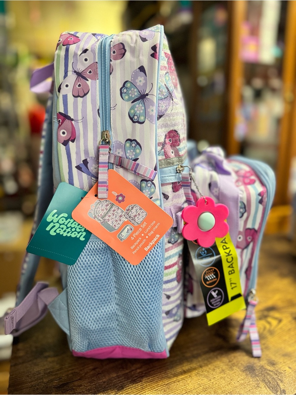 wonder nation Purple and Pink Butterfly Kids Backpack with Flower Charm